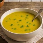 bowl of yellow curry soup with fresh cilantro on top, sitting on a wood countertop with a spoon in bowl
