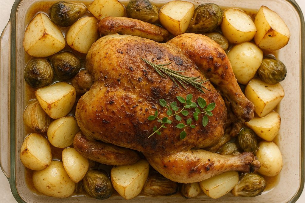 Roast chicken in glass Pyrex pan with roasted potatoes, brussels sprouts, onions and fresh herbs on top.