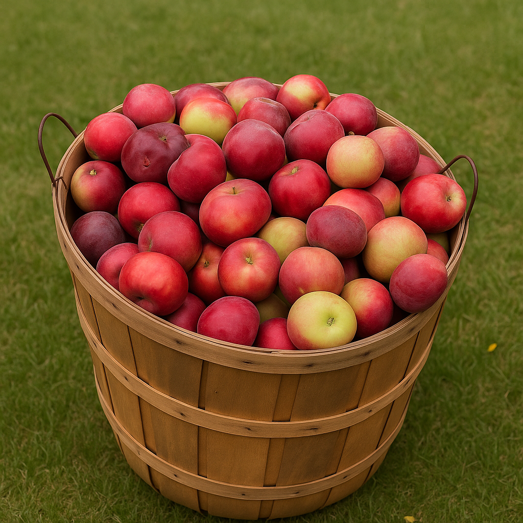 Wooden basket full of freshly picked MacIntosh Apples sitting on the grass