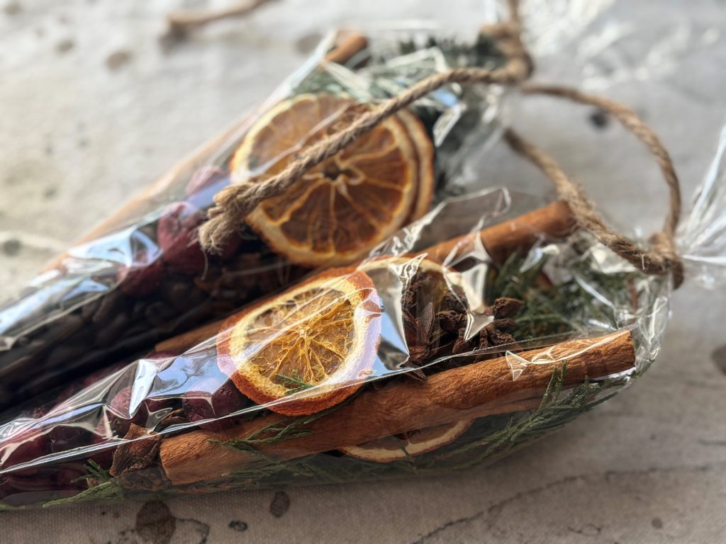 Close up of two clear simmer pot bags showing dried oranges, star anise pods, coffee beans and dried cranberries tied with jute twine.