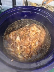 french onion pot roast ingredients in slow cooker