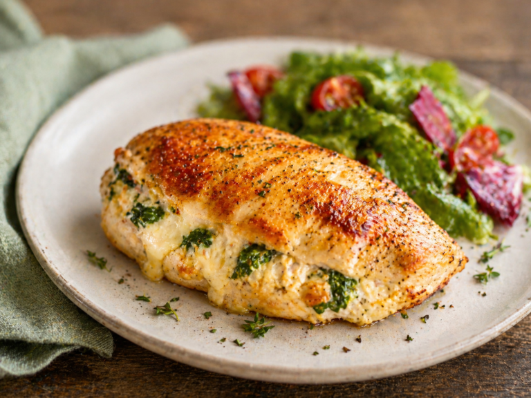 stuffed chicken breast on white plate with a side garden salad