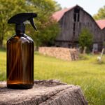 16oz. Amber spray bottle filled with homemade tick repellent spray sitting on log with old barn in background