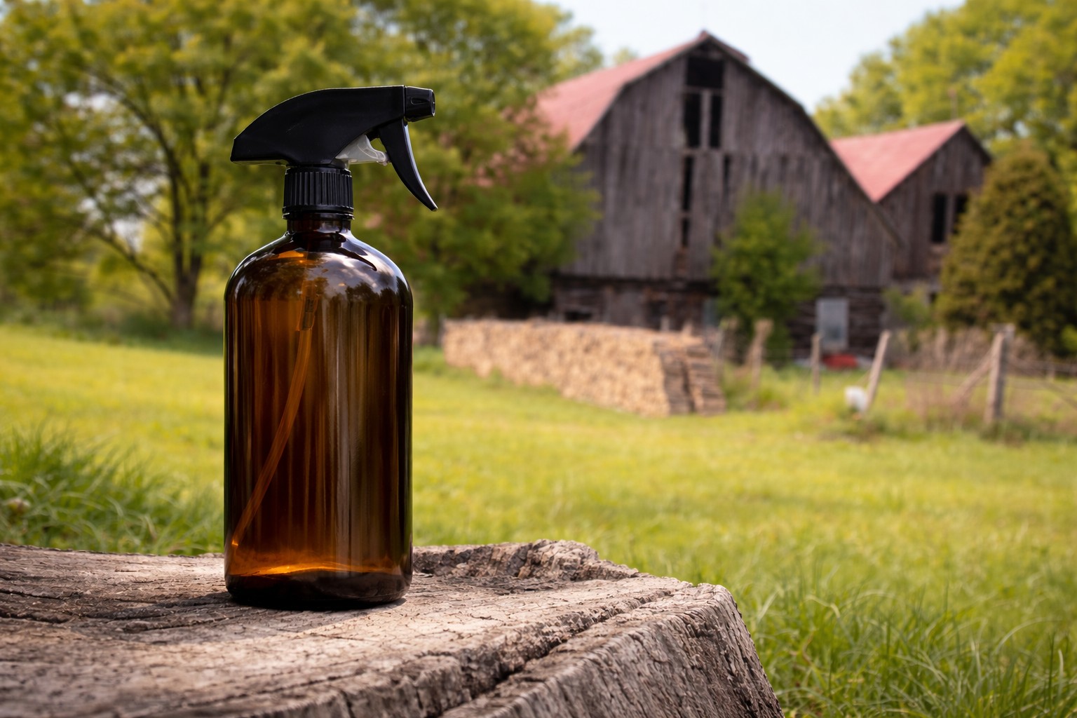 16oz. Amber spray bottle filled with homemade tick repellent spray sitting on log with old barn in background