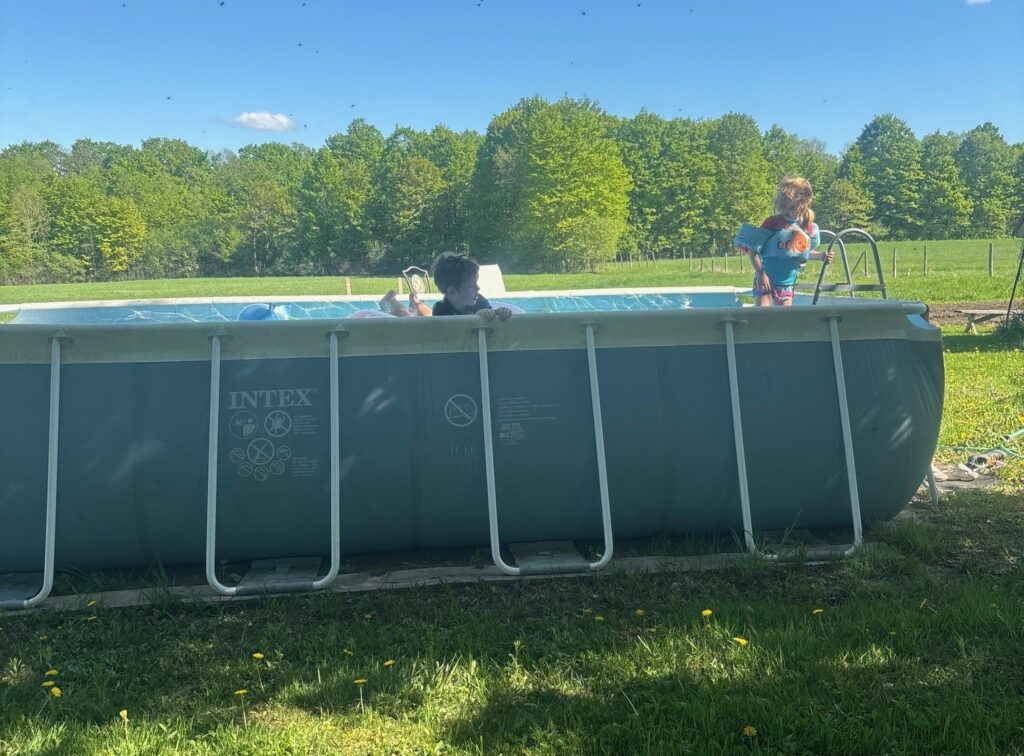Large Intex steel pool with kids enjoying the day during a beautiful summer day