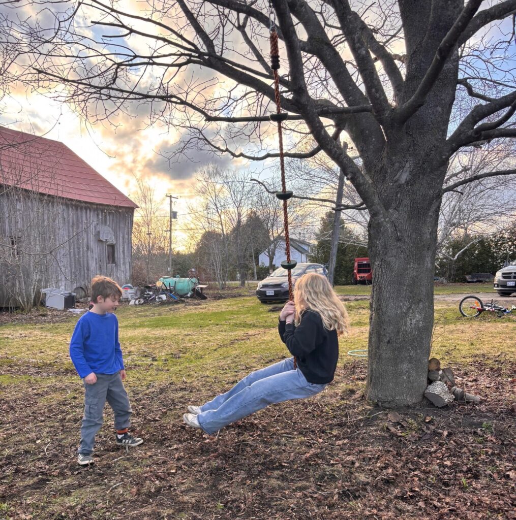 Kids swinging from a rope swing hanging from a tree in a rural backyard