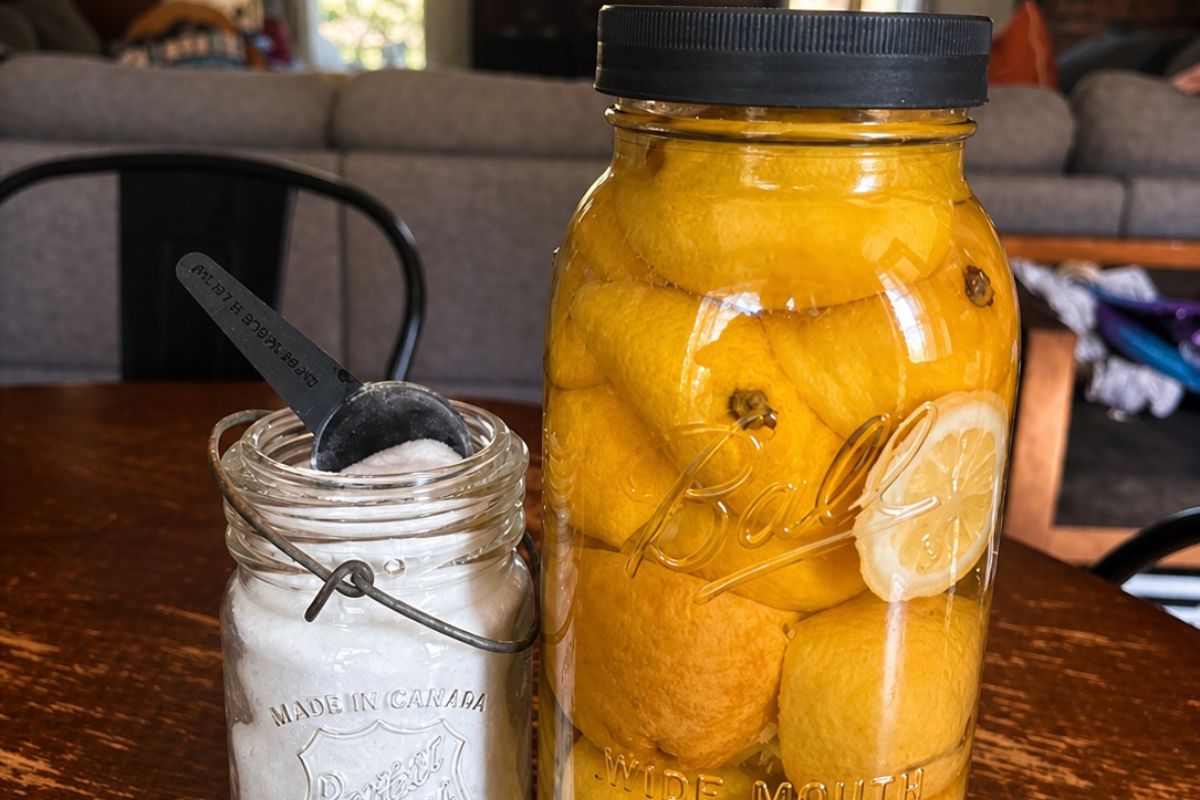 Homemade Dishwashing Powder and Lemon Rinse on Table in Home, Ready to be used