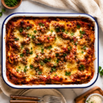 baked meat lasagna in white enamel pan with blue trim