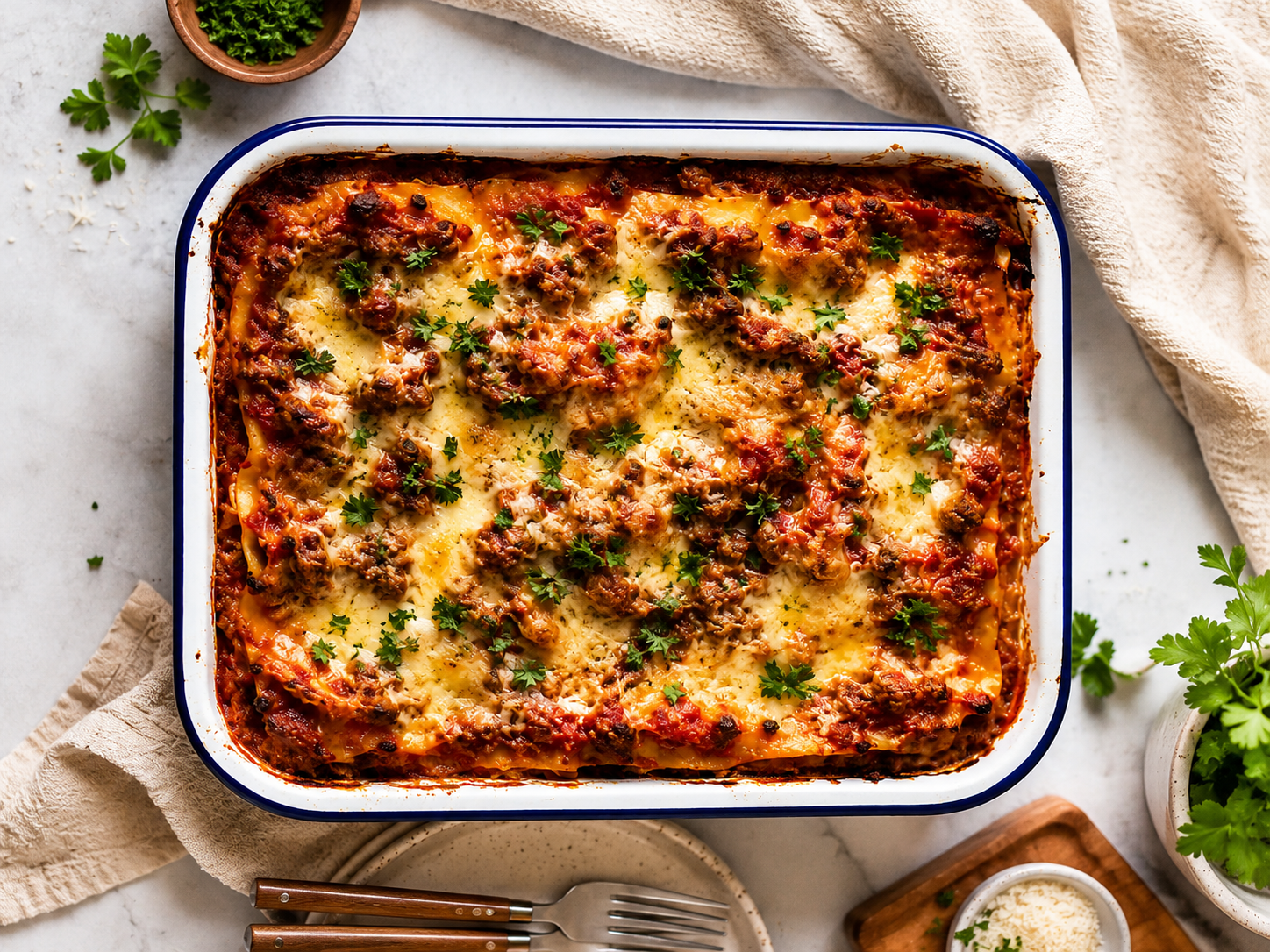 baked meat lasagna in white enamel pan with blue trim