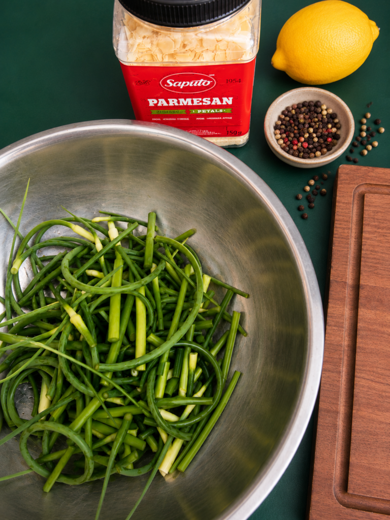 bunch of scapes in solver bowl on green countertop with shredded parmesan cheese container, lemon and peppercorns