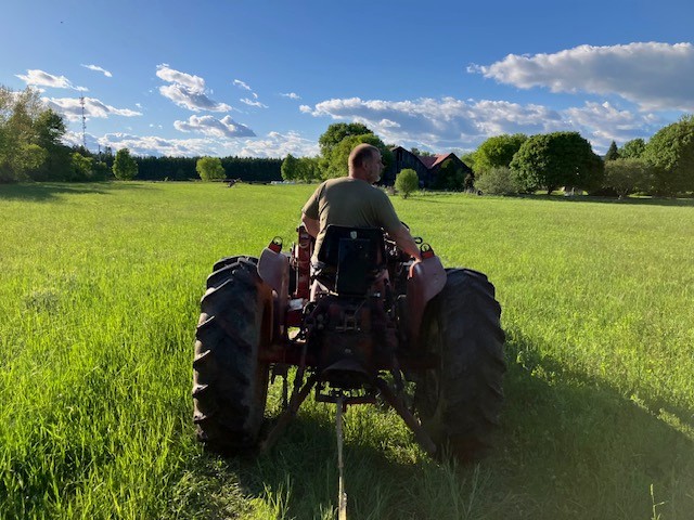 man driving old red tractor in a green hay field on a bright summer day with blue skies and sparse white clouds