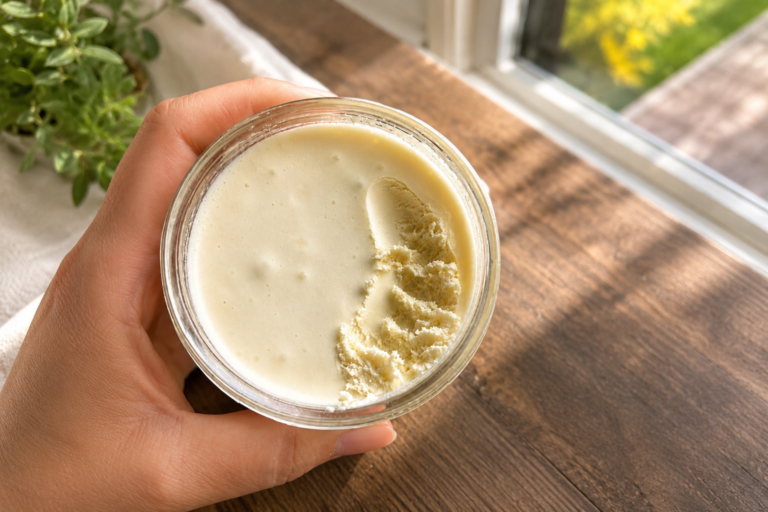 woman holding clear glass jar of light coloured whipped face moisturizer with wood floors in background