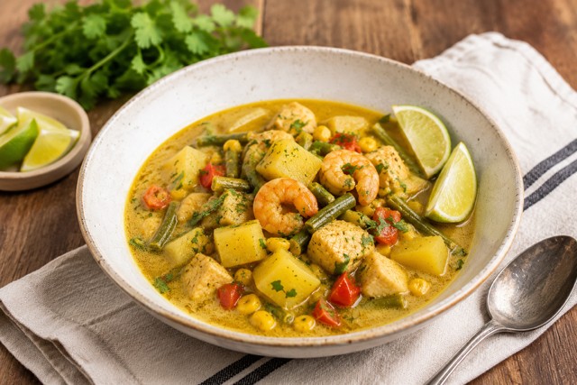 white bowl containing yellow curry seafood chowder on wood countertop with fresh parsley, lime slices, a napkin and a spoon