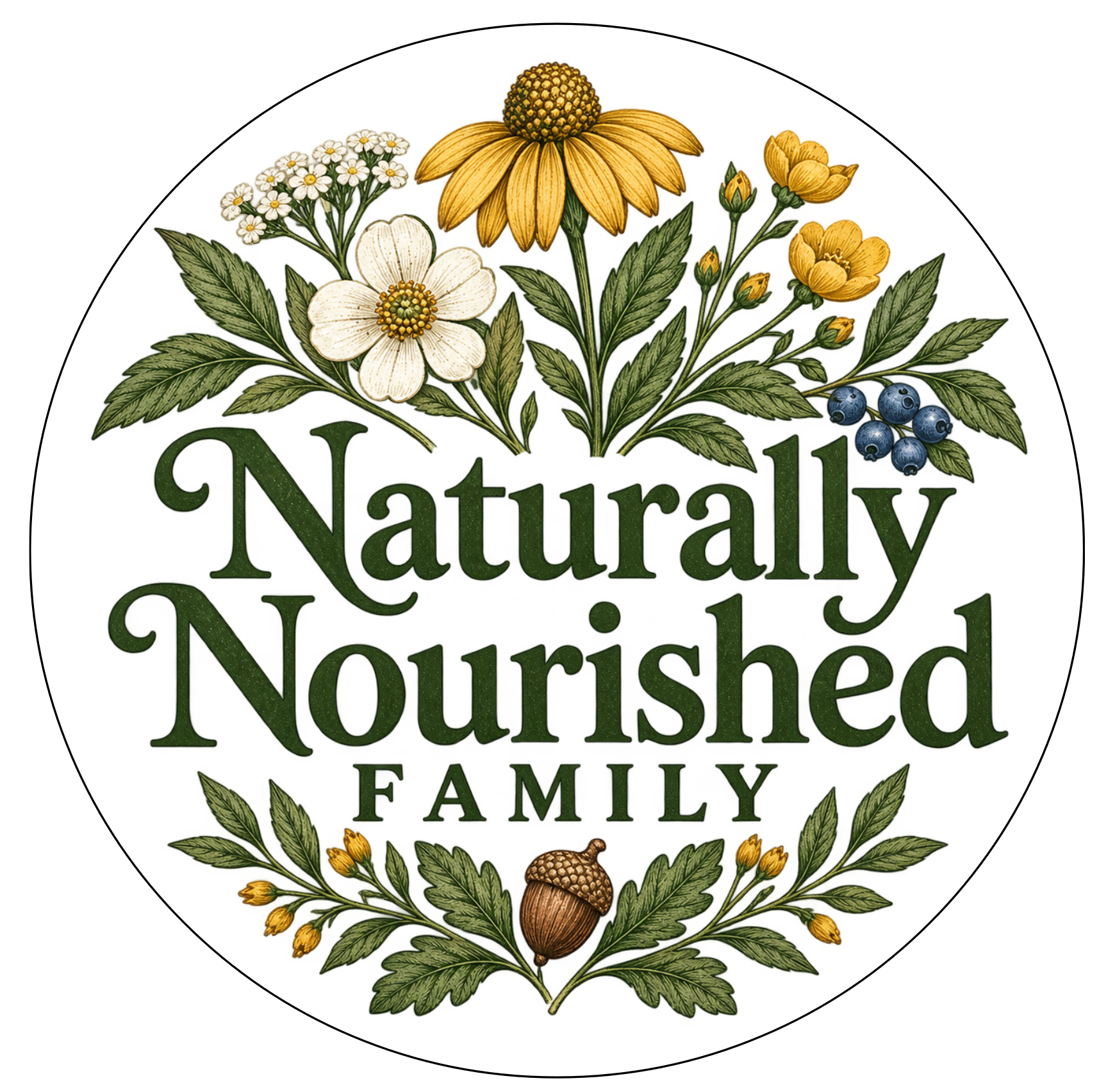 Naturally Nourished Family Logo with various botanical elements like black eyed susan, daisy, acorn, fern and buttercup
